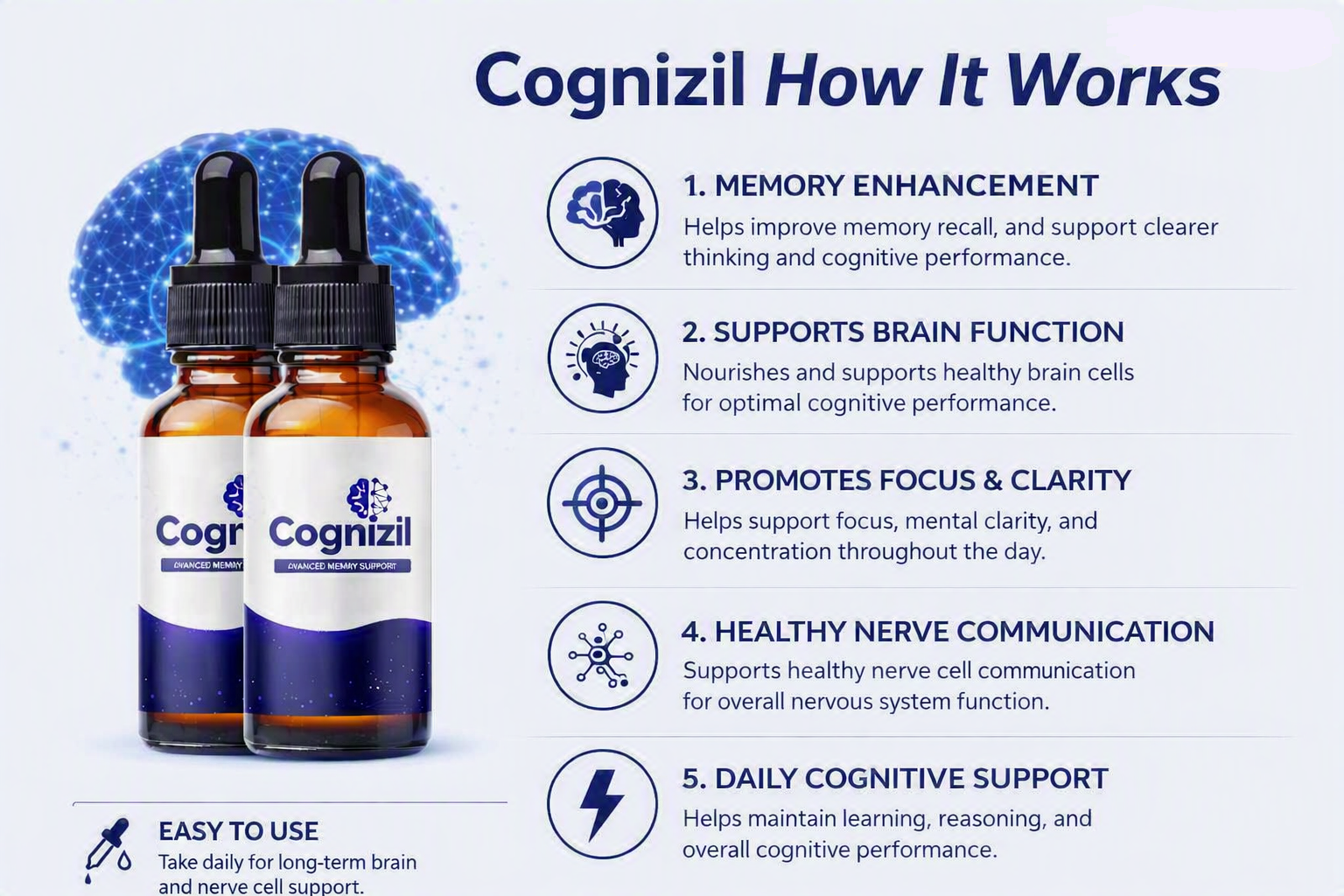 How Cognizil works — memory enhancement, brain function support, focus and clarity, healthy nerve communication and daily cognitive support